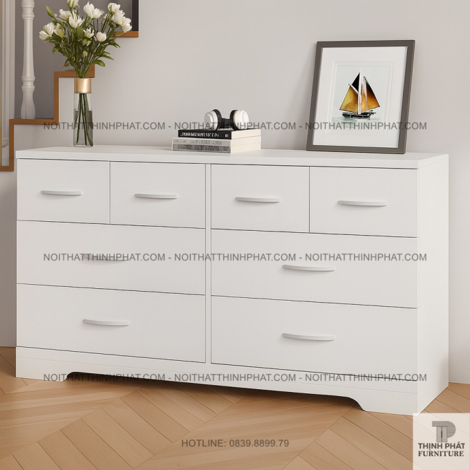Tủ Hộc Kéo Màu Trắng 9 Ngăn Gỗ MDF Phong Cách Tối Giản Cho Phòng Ngủ – Phòng Khách TNK08