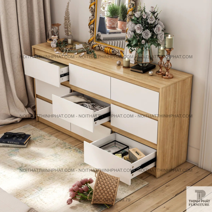 Tủ ngăn kéo 9 hộc màu gỗ sồi và trắng, thiết kế tay âm tối giản tinh tế TNK18
