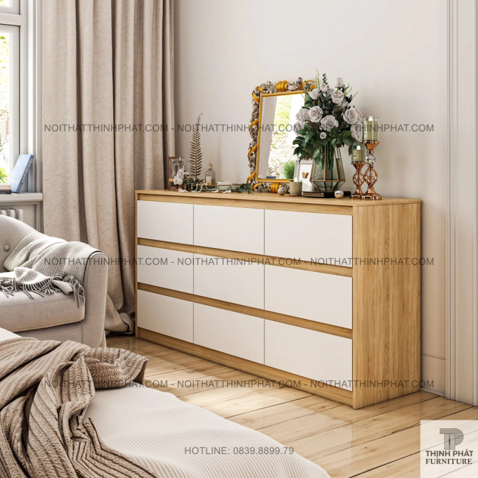 Tủ ngăn kéo 9 hộc màu gỗ sồi và trắng, thiết kế tay âm tối giản tinh tế TNK18
