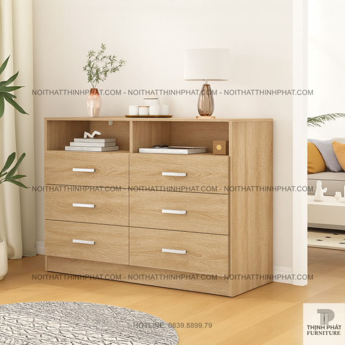 Tủ Ngăn Kéo Có Kệ Mở Màu Gỗ Sồi Nhẹ, Đựng Đồ Kết Hợp Trang Trí, Thiết Kế Tiện Dụng TNK10