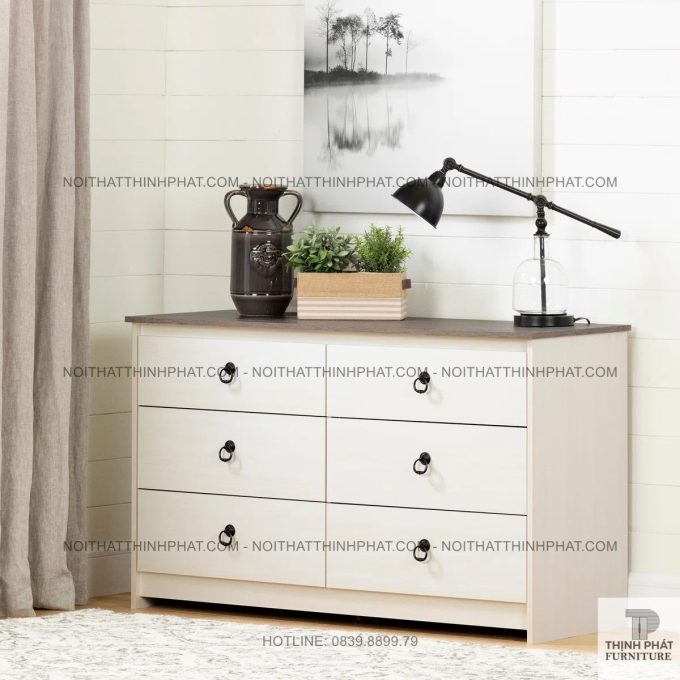 Tủ Ngăn Kéo Màu Trắng Trang Nhã 6 Hộc, Thiết Kế Vintage Kết Hợp Hiện Đại TNK06