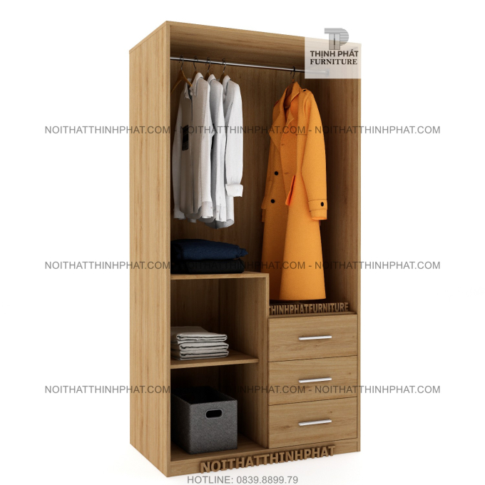 Tủ Quần Áo 1m X 2m Thiết Kế Nhỏ Gọn Thời Trang, 3 Hộc Kéo Bên Ngoài, Gỗ Mdf Phủ Melamine TQA02