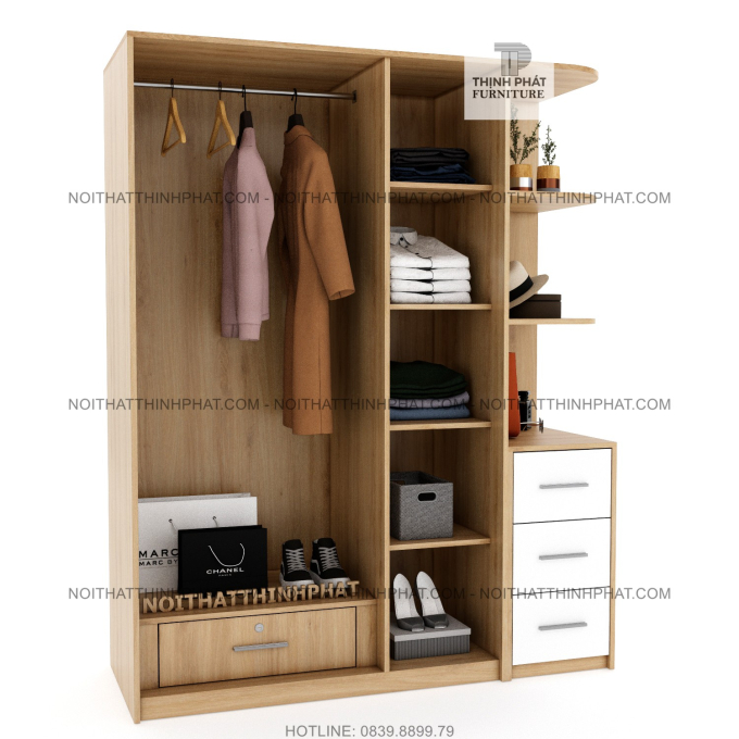 Tủ Quần Áo 1m6 X 2m Cửa Mở Kèm Kệ Trang Trí Bo Góc, Hiện Đại, Đa Năng, Gỗ Mdf Phủ Melamine TQA11