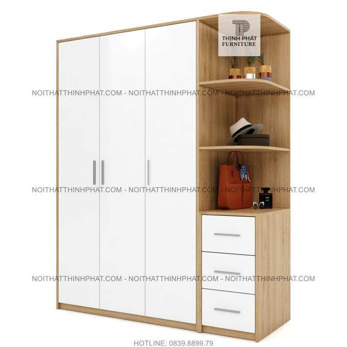 Tủ Quần Áo 1m6 X 2m Cửa Mở Kèm Kệ Trang Trí Bo Góc, Hiện Đại, Đa Năng, Gỗ Mdf Phủ Melamine TQA11