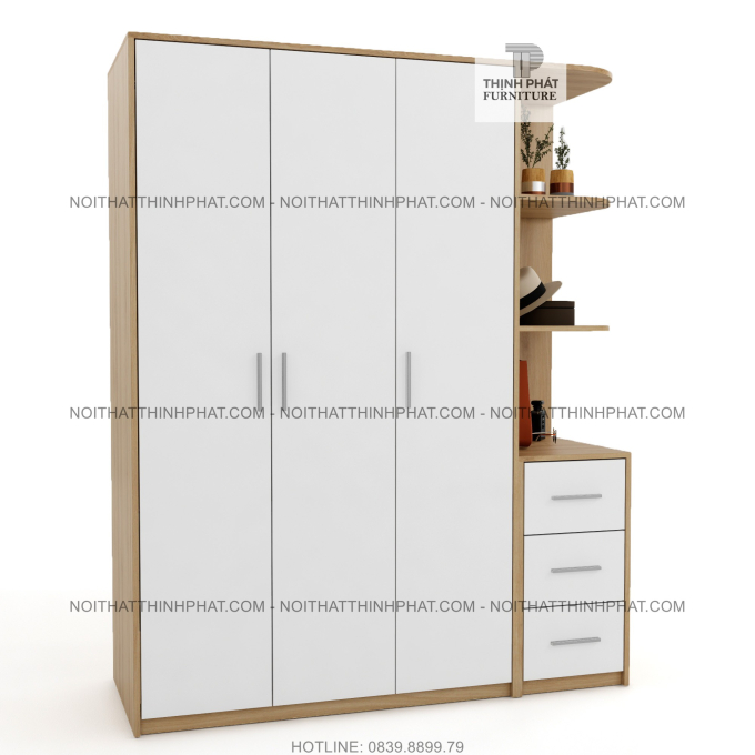 Tủ Quần Áo 1m6 X 2m Cửa Mở Kèm Kệ Trang Trí Bo Góc, Hiện Đại, Đa Năng, Gỗ Mdf Phủ Melamine TQA11