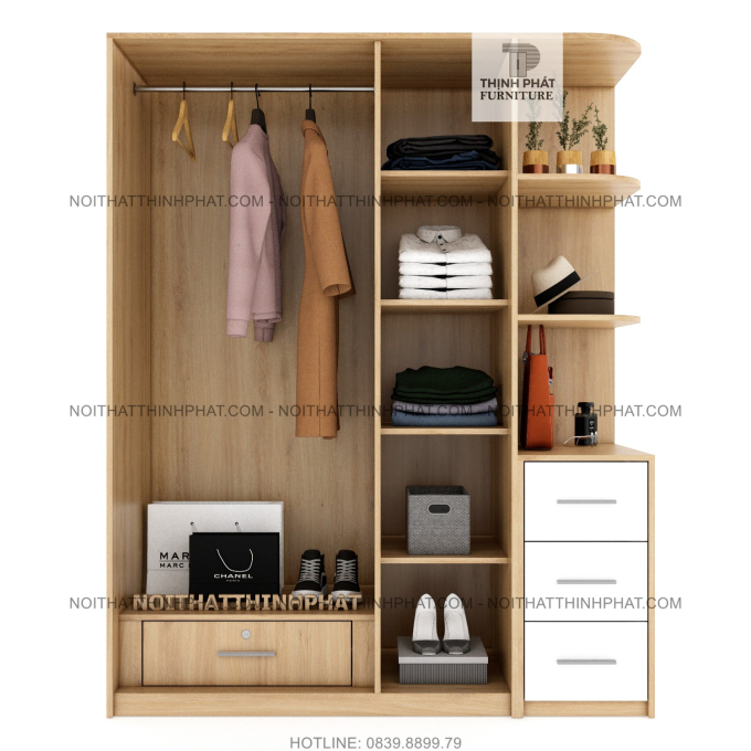 Tủ Quần Áo 1m6 X 2m Cửa Mở Kèm Kệ Trang Trí Bo Góc, Hiện Đại, Đa Năng, Gỗ Mdf Phủ Melamine TQA11