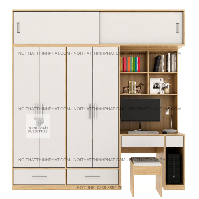 Tủ Quần Áo 2 Tầng 4 Cánh Tích Hợp Bàn Làm Việc Đa Năng Tại TPHCM TQA64 (2m4 X 2m5)