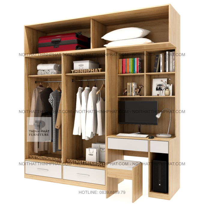 Tủ Quần Áo 2 Tầng 4 Cánh Tích Hợp Bàn Làm Việc Đa Năng Tại TPHCM TQA64 (2m4 X 2m5)