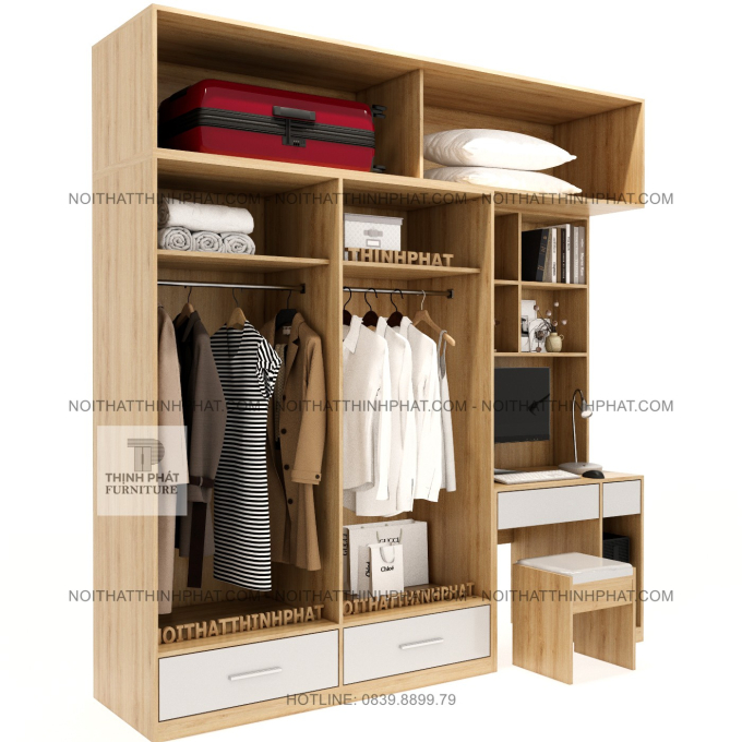 Tủ Quần Áo 2 Tầng 4 Cánh Tích Hợp Bàn Làm Việc Đa Năng Tại TPHCM TQA64 (2m4 X 2m5)