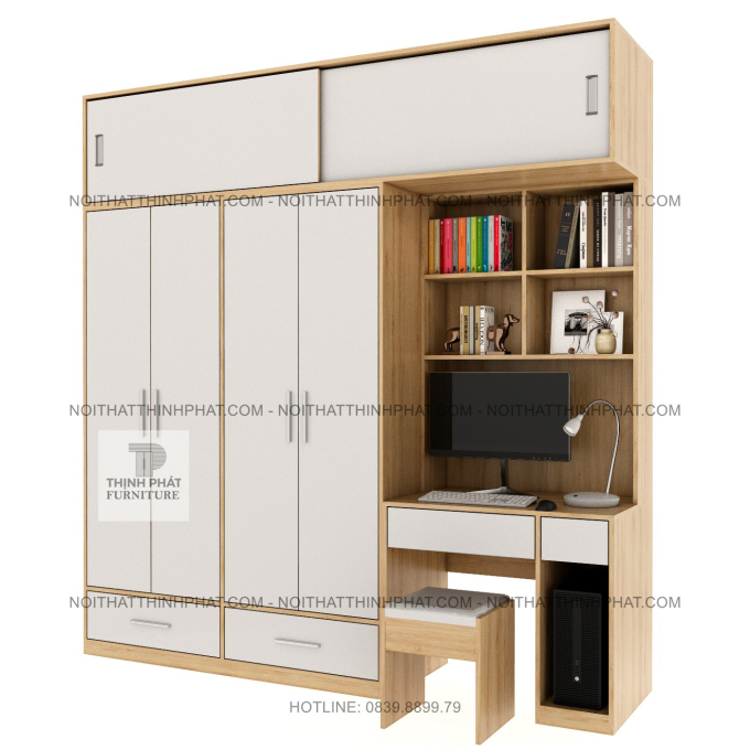 Tủ Quần Áo 2 Tầng 4 Cánh Tích Hợp Bàn Làm Việc Đa Năng Tại TPHCM TQA64 (2m4 X 2m5)
