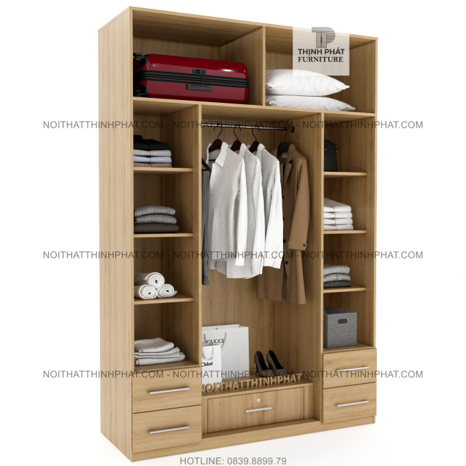 Tủ Quần Áo 2 Tầng 4 Cửa Mở Màu Vân Gỗ Thiết Kế Tinh Tế Và Tiện Ích TQA114 (1M6 X 2M4)