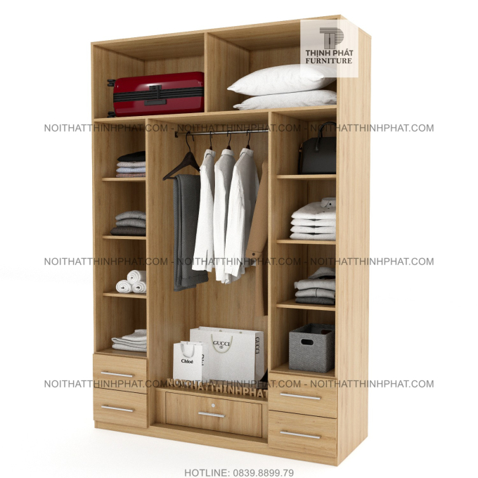 Tủ Quần Áo 2 Tầng 4 Cửa Mở Màu Vân Gỗ Thiết Kế Tinh Tế Và Tiện Ích TQA114 (1M6 X 2M4)