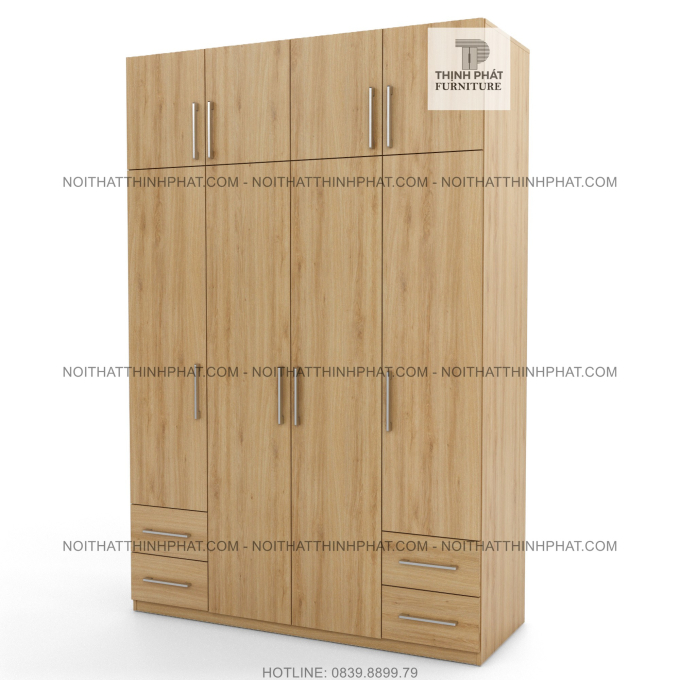 Tủ Quần Áo 2 Tầng 4 Cửa Mở Màu Vân Gỗ Thiết Kế Tinh Tế Và Tiện Ích TQA114 (1M6 X 2M4)