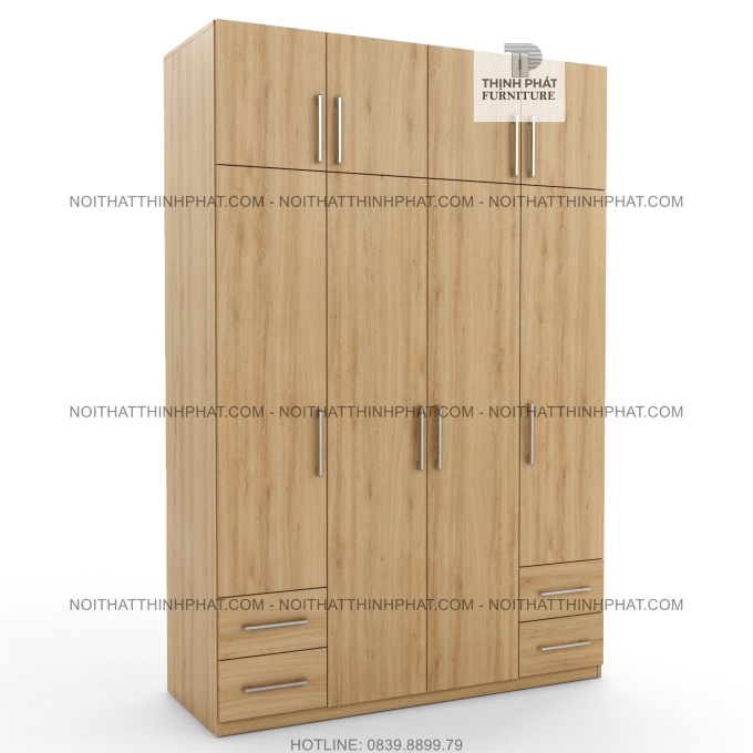 Tủ Quần Áo 2 Tầng 4 Cửa Mở Màu Vân Gỗ Thiết Kế Tinh Tế Và Tiện Ích TQA114 (1M6 X 2M4)