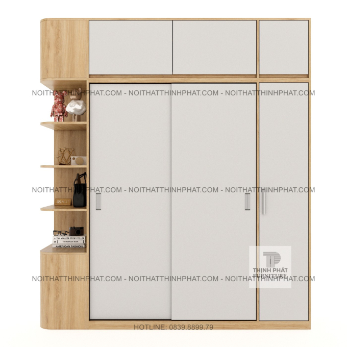 Tủ Quần Áo 2 Tầng Bo Cong Cạnh Tủ, Cửa Lùa Kết Hợp Cửa Mở, Kệ Trang Trí Đa Năng TPHCM TQA84 (2M2 X 2M5)