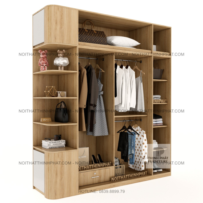 Tủ Quần Áo 2 Tầng Bo Cong Cạnh Tủ, Cửa Lùa Kết Hợp Cửa Mở, Kệ Trang Trí Đa Năng TPHCM TQA84 (2M2 X 2M5)