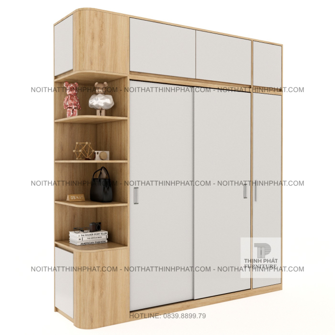 Tủ Quần Áo 2 Tầng Bo Cong Cạnh Tủ, Cửa Lùa Kết Hợp Cửa Mở, Kệ Trang Trí Đa Năng TPHCM TQA84 (2M2 X 2M5)
