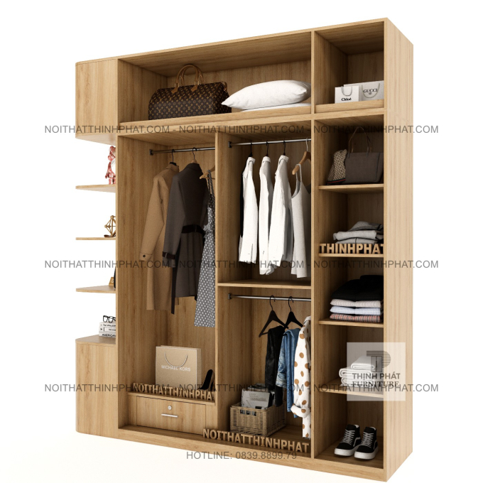 Tủ Quần Áo 2 Tầng Bo Cong Cạnh Tủ, Cửa Lùa Kết Hợp Cửa Mở, Kệ Trang Trí Đa Năng TPHCM TQA84 (2M2 X 2M5)