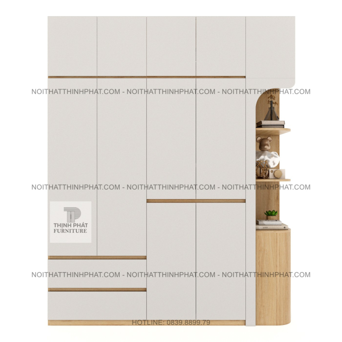Tủ Quần Áo 2 Tầng Bo Cong Góc Cao Cấp Không Tay Nắm Kết Hợp Kệ Trang Trí Hiện Đại TPHCM TQA96 (2M X 2M5)