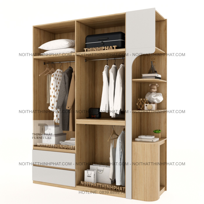Tủ Quần Áo 2 Tầng Bo Cong Góc Cao Cấp Không Tay Nắm Kết Hợp Kệ Trang Trí Hiện Đại TPHCM TQA96 (2M X 2M5)