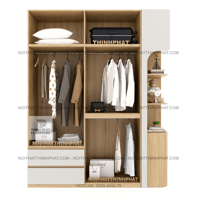 Tủ Quần Áo 2 Tầng Bo Cong Góc Cao Cấp Không Tay Nắm Kết Hợp Kệ Trang Trí Hiện Đại TPHCM TQA96 (2M X 2M5)