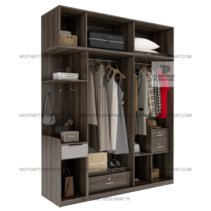 Tủ Quần Áo 2 Tầng Cánh Mở Hiện Đại Kèm Kệ Trang Trí Tiện Lợi TPHCM TQA81 (2M X 2M5)
