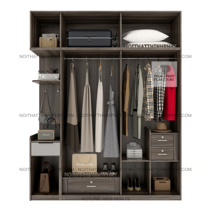 Tủ Quần Áo 2 Tầng Cánh Mở Hiện Đại Kèm Kệ Trang Trí Tiện Lợi TPHCM TQA81 (2M X 2M5)