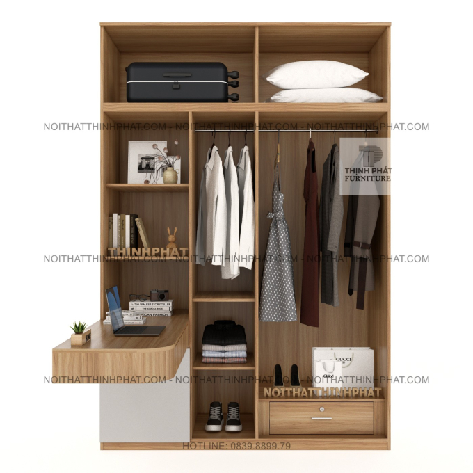 Tủ Quần Áo 2 Tầng Cánh Mở Kết Hợp Bàn Làm Việc Và Kệ Trang Trí TPHCM TQA67 (1M8 X 2M5)