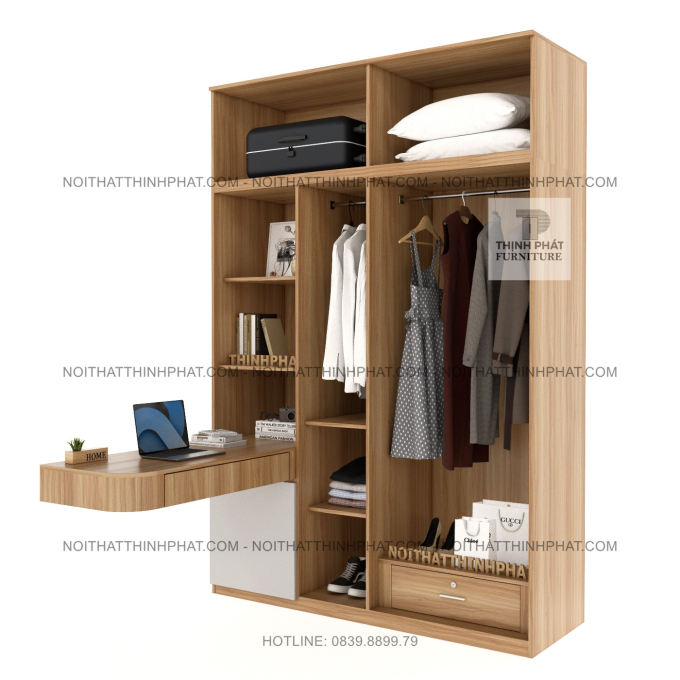 Tủ Quần Áo 2 Tầng Cánh Mở Kết Hợp Bàn Làm Việc Và Kệ Trang Trí TPHCM TQA67 (1M8 X 2M5)