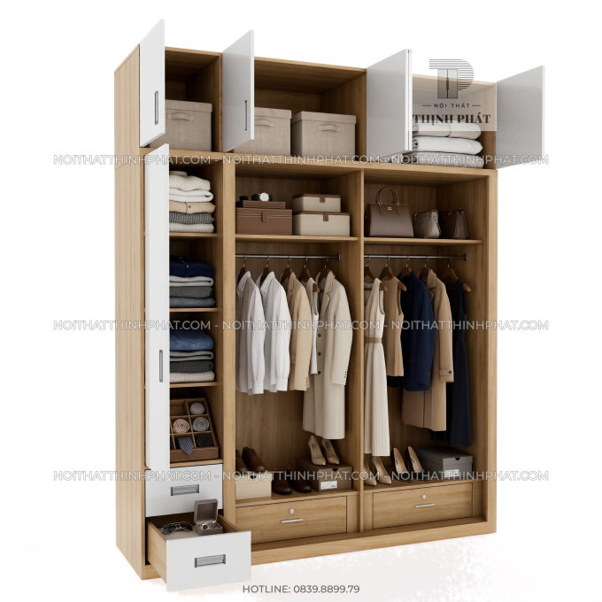 Tủ Quần Áo 2 Tầng Cửa Lùa Kết Hợp Cửa Mở TQA121 (2m x 2m5)