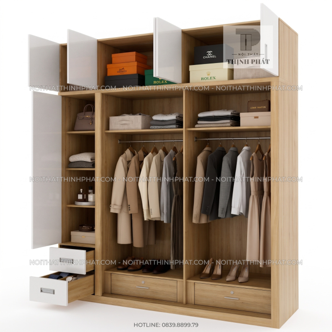 Tủ Quần Áo 2 Tầng Cửa Lùa Kết Hợp Cửa Mở TQA121 (2m x 2m5)