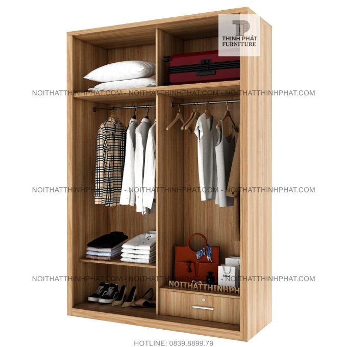 Tủ Quần Áo 2 Tầng Cửa Lùa Màu Gỗ Phối Trắng (TQA111)