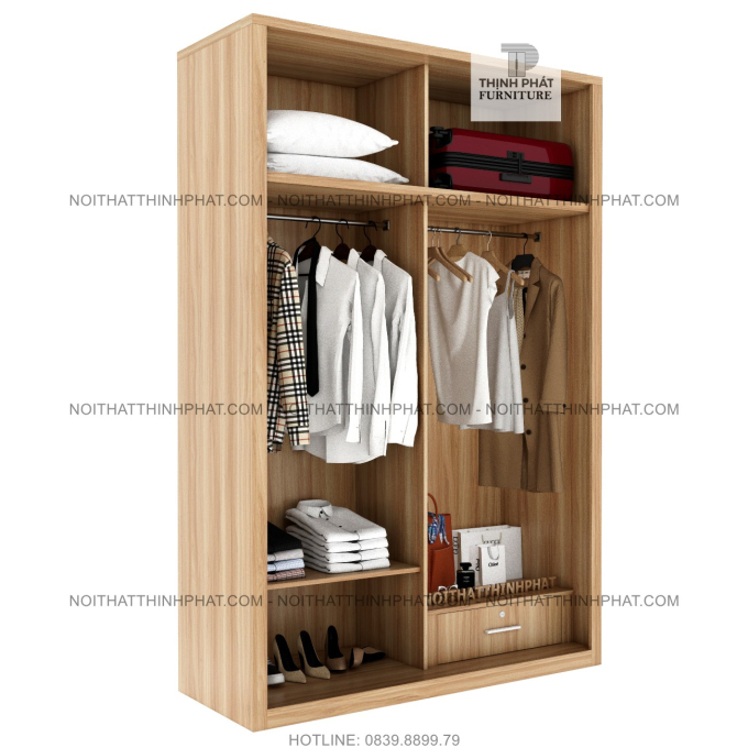 Tủ Quần Áo 2 Tầng Cửa Lùa Màu Gỗ Phối Trắng (TQA111)