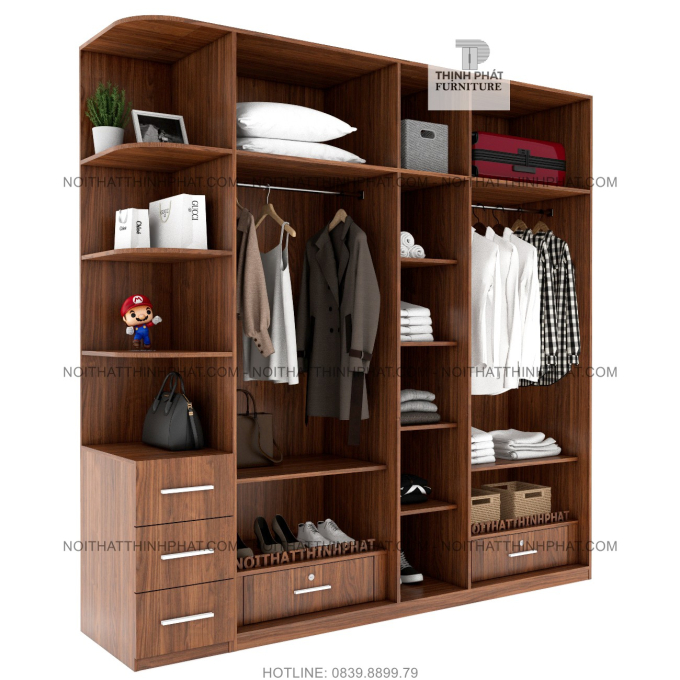 Tủ Quần Áo 2 Tầng Cửa Mở Kết hợp kệ trang trí Màu Vân Gỗ Hiện Đại (2M4 X 2M4) TQA72