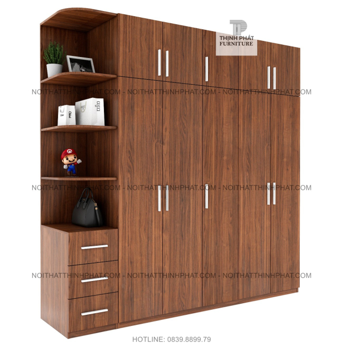 Tủ Quần Áo 2 Tầng Cửa Mở Kết hợp kệ trang trí Màu Vân Gỗ Hiện Đại (2M4 X 2M4) TQA72