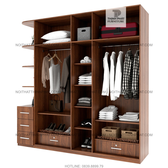 Tủ Quần Áo 2 Tầng Cửa Mở Kết hợp kệ trang trí Màu Vân Gỗ Hiện Đại (2M4 X 2M4) TQA72