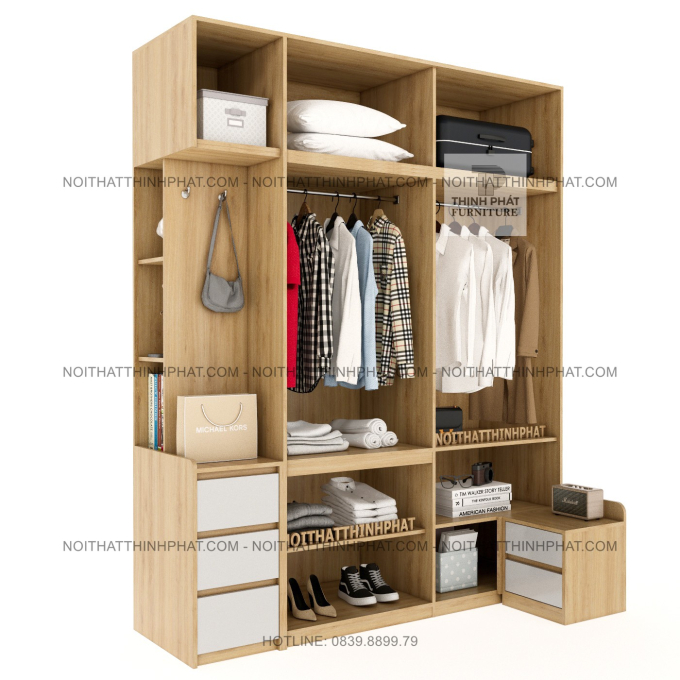 Tủ Quần Áo 2 Tầng Gỗ MDF Không Tay Nắm Kết Hợp Kệ Trang Trí Và Tab Đầu Giường TQA80 (2M X 2M5)