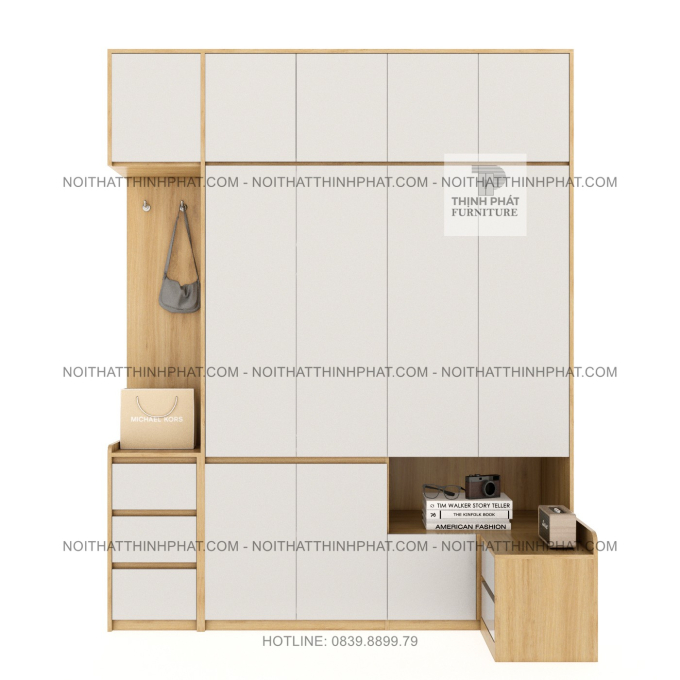Tủ Quần Áo 2 Tầng Gỗ MDF Không Tay Nắm Kết Hợp Kệ Trang Trí Và Tab Đầu Giường TQA80 (2M X 2M5)