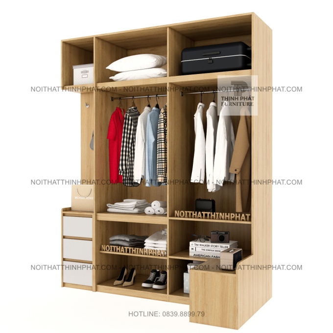 Tủ Quần Áo 2 Tầng Gỗ MDF Không Tay Nắm Kết Hợp Kệ Trang Trí Và Tab Đầu Giường TQA80 (2M X 2M5)