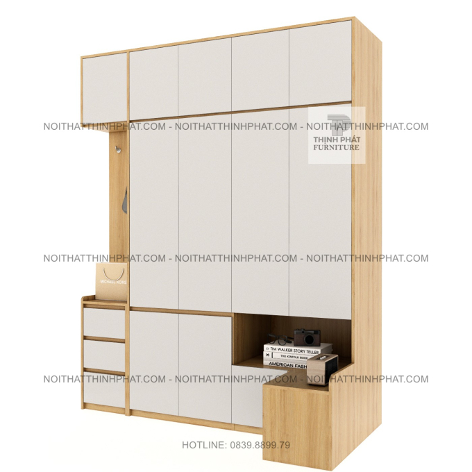 Tủ Quần Áo 2 Tầng Gỗ MDF Không Tay Nắm Kết Hợp Kệ Trang Trí Và Tab Đầu Giường TQA80 (2M X 2M5)