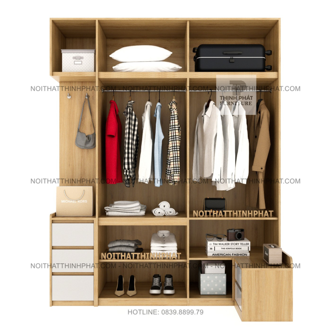 Tủ Quần Áo 2 Tầng Gỗ MDF Không Tay Nắm Kết Hợp Kệ Trang Trí Và Tab Đầu Giường TQA80 (2M X 2M5)
