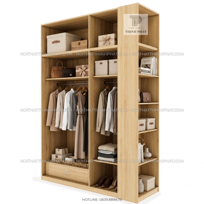 Tủ Quần Áo 2 Tầng Kèm Kệ Trang Trí Bên Hông TQA154 (1m6 x 2m5)