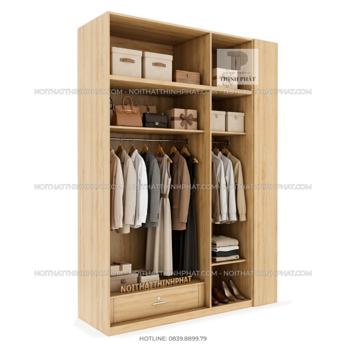 Tủ Quần Áo 2 Tầng Kèm Kệ Trang Trí Bên Hông TQA154 (1m6 x 2m5)