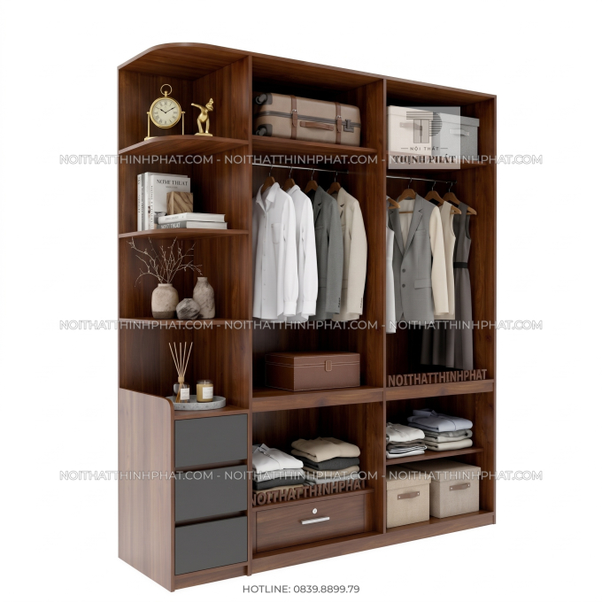 Tủ Quần Áo 2 Tầng Kèm Kệ Trang Trí Bo Cong TQA103 (2m x 2m4)