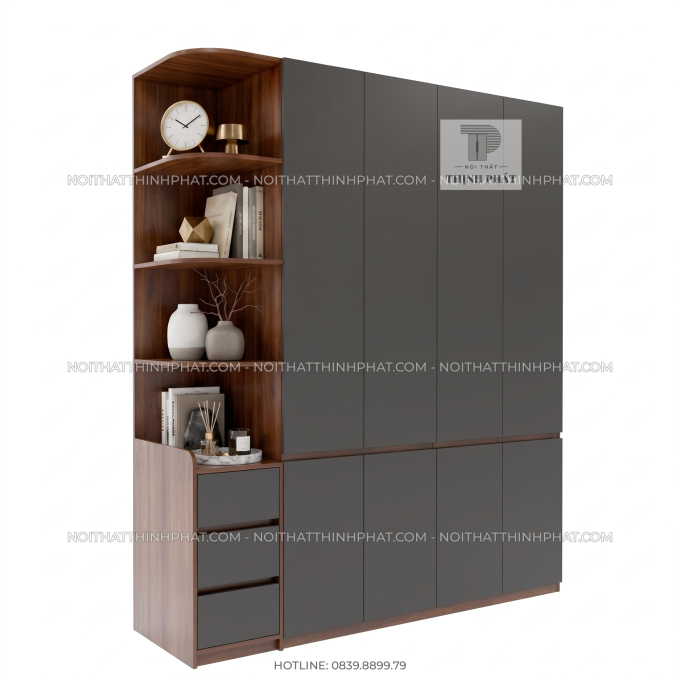 Tủ Quần Áo 2 Tầng Kèm Kệ Trang Trí Bo Cong TQA103 (2m x 2m4)