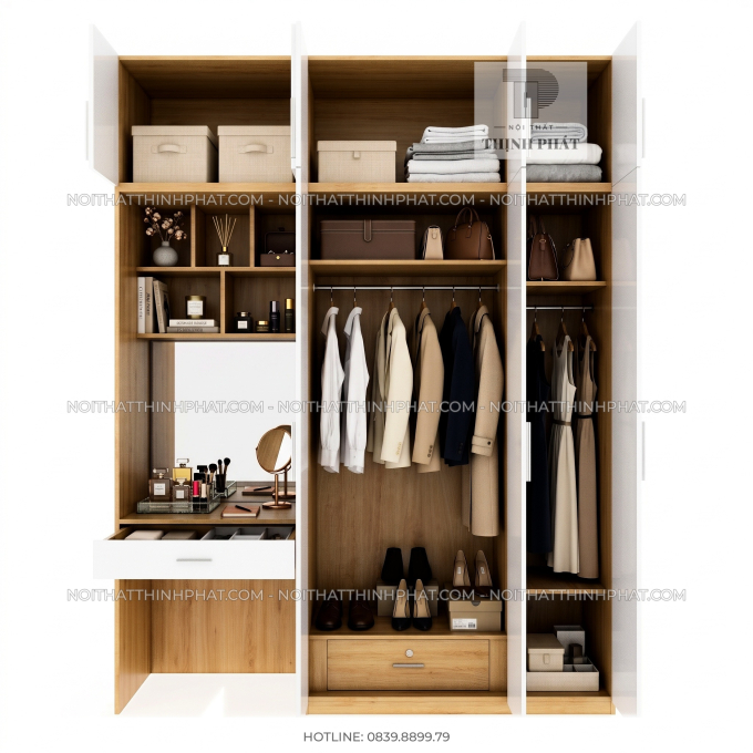 Tủ Quần Áo 2 Tầng Kết Hợp Bàn Trang Điểm TQA134 (2m x 2m5)