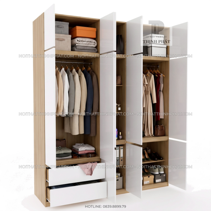 Tủ Quần Áo 2 Tầng Không Tay Nắm Nhiều Ngăn Tiện Dụng TQA116 (2m x 2m5)