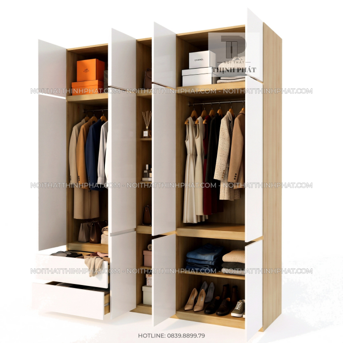 Tủ Quần Áo 2 Tầng Không Tay Nắm Nhiều Ngăn Tiện Dụng TQA116 (2m x 2m5)
