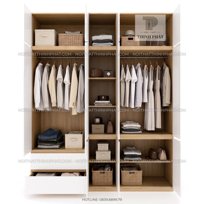Tủ Quần Áo 2 Tầng Không Tay Nắm Nhiều Ngăn Tiện Dụng TQA116 (2m x 2m5)