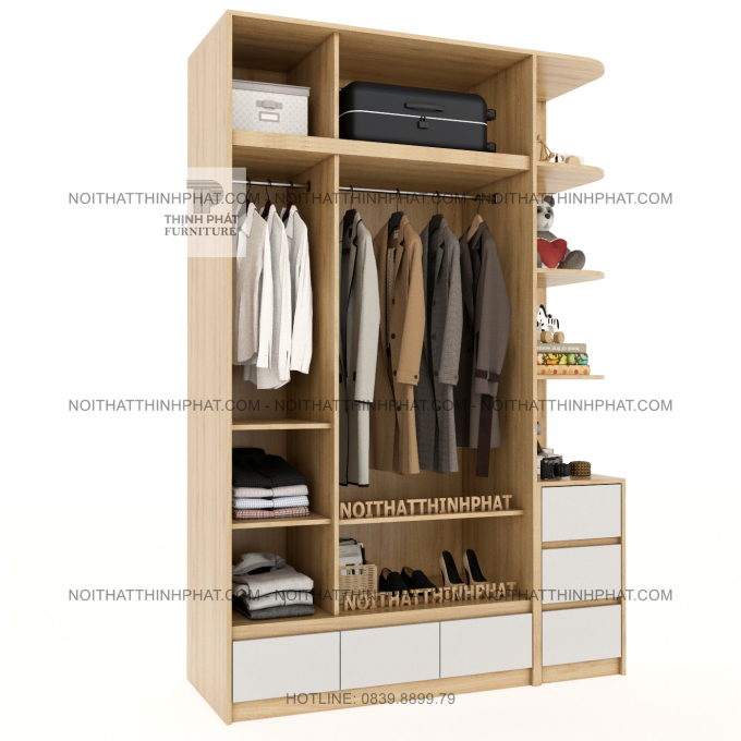 Tủ Quần Áo 2 Tầng MDF 3 Cánh Mở Kèm Kệ Trưng Bày Và Hộc Kéo TQA101 (1M6 X 2M4)